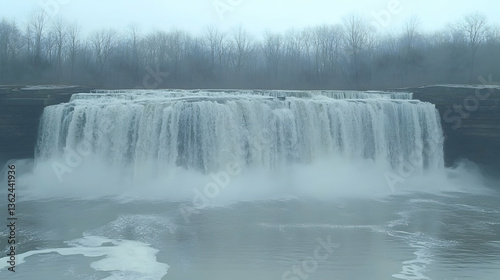 Cascading waterfall with white water plummets into the river on an overcast day with trees in the background