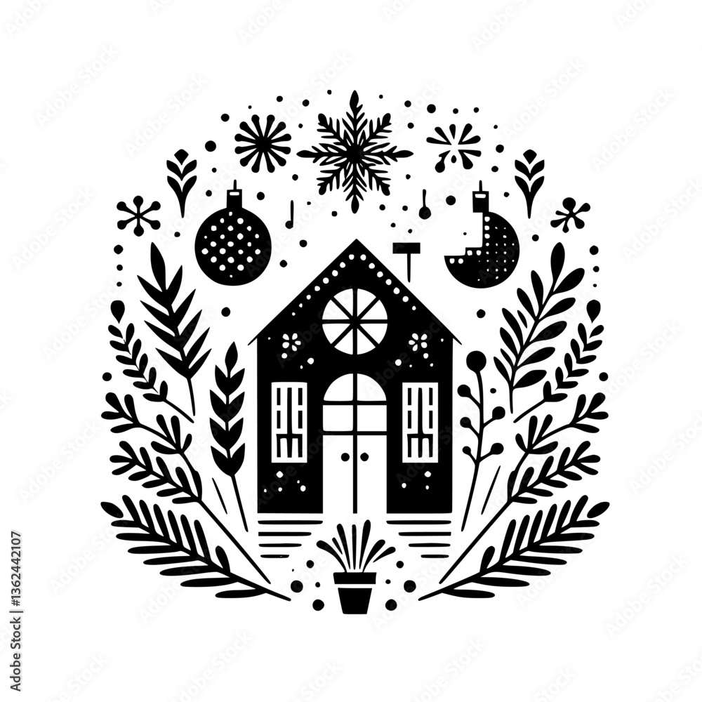 Fototapeta premium Black and white folk art illustration featuring a stylized house, encircled by festive elements of snowflakes, ornaments, and foliage, evoking a cozy winter holiday mood.