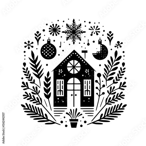 Black and white folk art illustration featuring a stylized house, encircled by festive elements of snowflakes, ornaments, and foliage, evoking a cozy winter holiday mood.