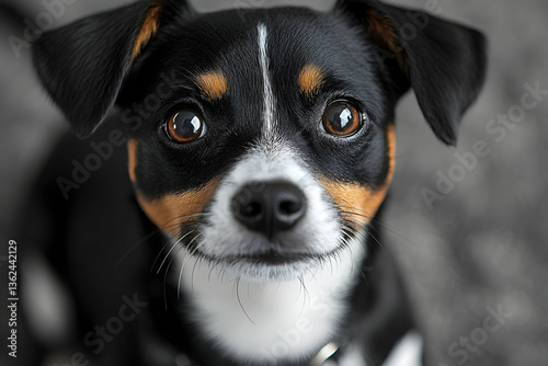 Cute dog with brown eyes looks up at viewer in soft focus background