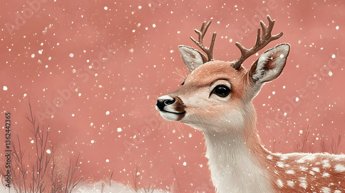 Cute fawn in snow Wintery scene with a young deer