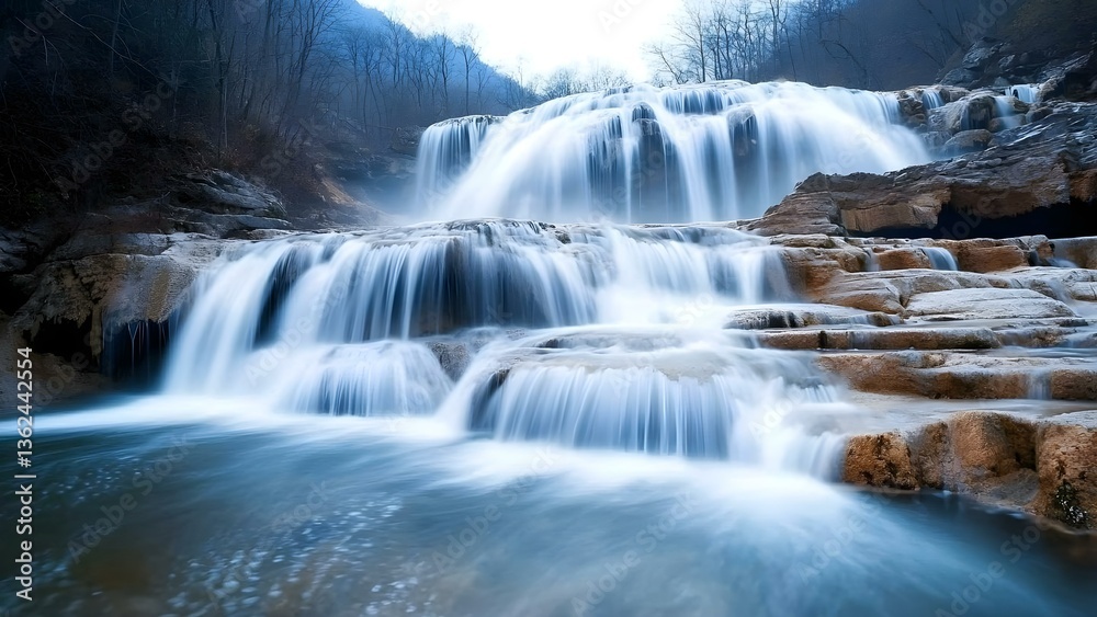 A serene waterfall cascading over rocky steps, surrounded by trees and mist, creating a tranquil natural scene. Concept Serene Waterfall, Cascading Water, Rocky Steps, Tranquil Nature, Misty Forest A serene waterfall cascading over rocky steps, surrounded by trees and mist, creating a tranquil natural scene. Concept Serene Waterfall, Cascading Water, Rocky Steps, Tranquil Nature, Misty Forest
