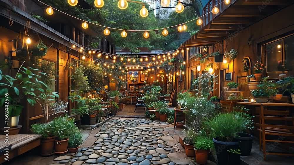 Cozy garden courtyard adorned with string lights and lush greenery