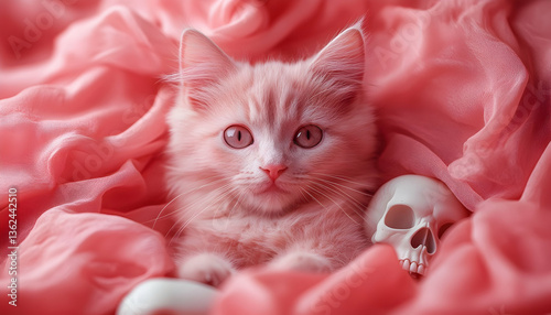Cute, fluffy peach kitten with skull, set against a soft pink fabric backdrop