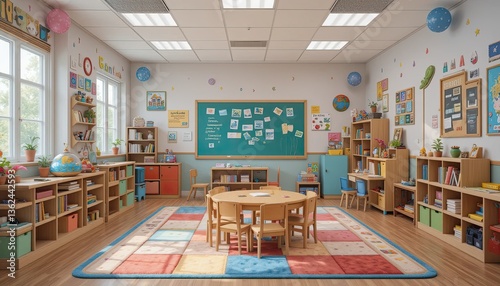 Inside, vibrant kids' playroom walls are painted with a kindergarten classroom backdrop