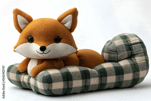 Cute fox plush toy sitting on checkered pillow, isolated against white background