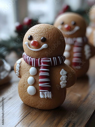 Cute gingerbread cookies on wood surface with white and red icing details