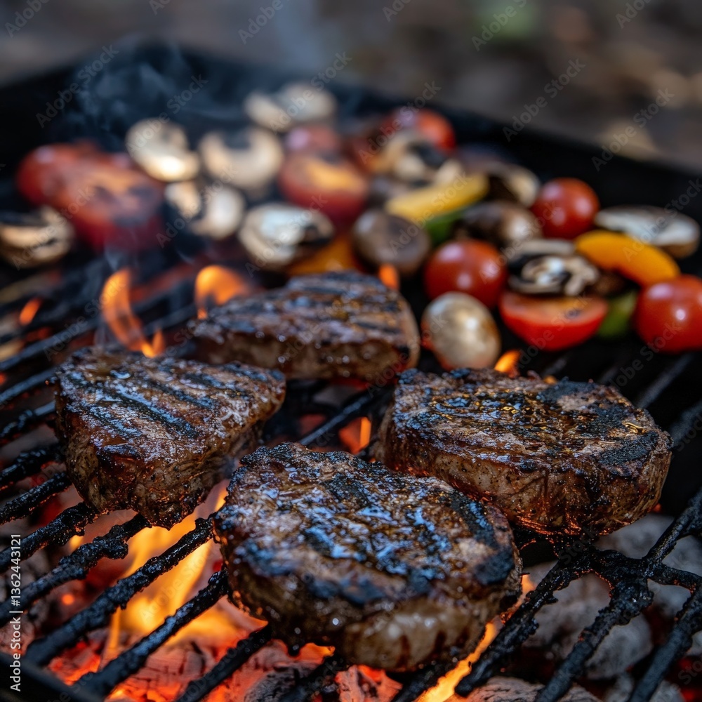 Grilled Steaks on Fire with Colorful Vegetables Grilled Steaks on Fire with Colorful Vegetables