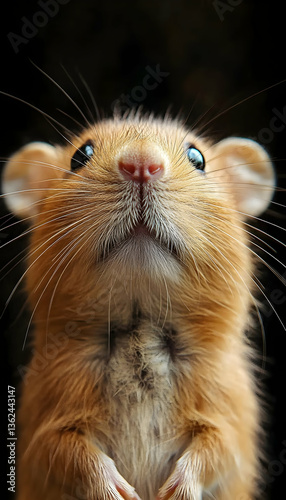Cute golden hamster stares upwards with bright eyes against a dark backdrop
