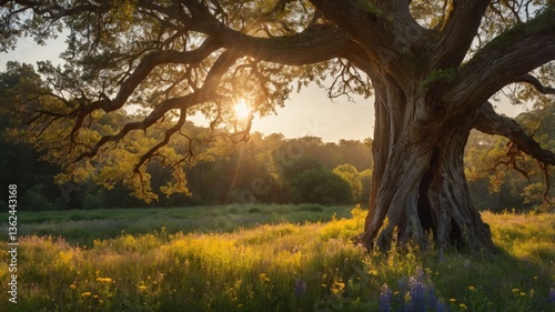 A serene landscape featuring a large tree with sunlight filtering through its branches.