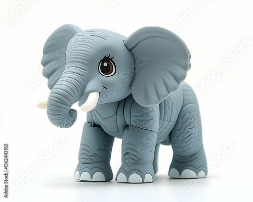 Cute grey toy elephant with white tusks on white background