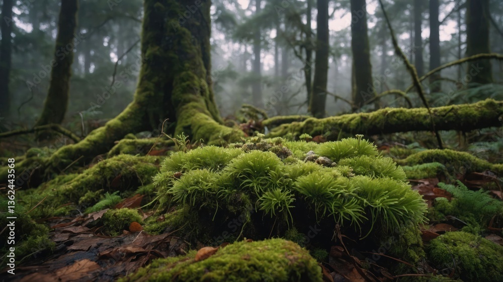A serene forest scene featuring moss-covered ground and tree roots in a misty environment. A serene forest scene featuring moss-covered ground and tree roots in a misty environment.