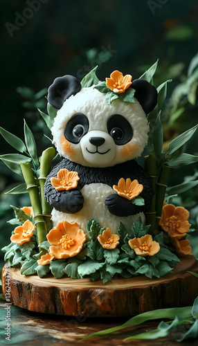 Cute panda figurine with flowers and bamboo on wood base