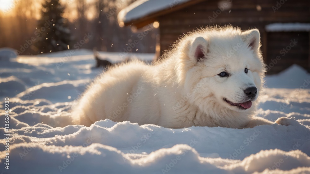 A fluffy white dog resting in the snow during a sunny winter day. A fluffy white dog resting in the snow during a sunny winter day.