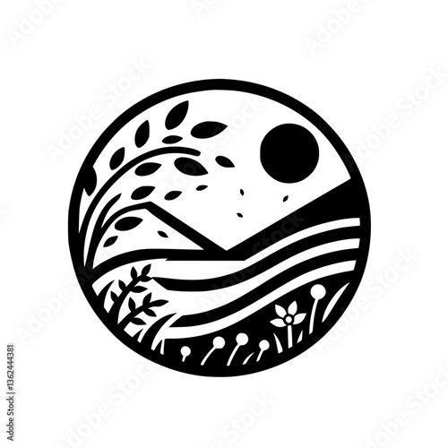 Stylized Black and White Circular Illustration: Serene Landscape with Sun, Tree, Rolling Hills, Floral Elements, evoking tranquility and nature's balance.