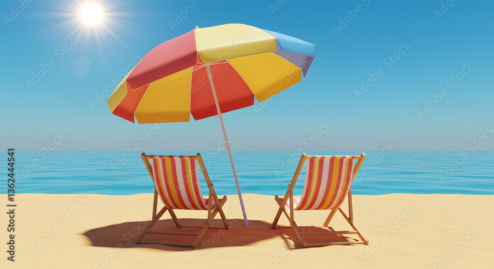 Relaxing Beach Chairs and Umbrella on a Sunny Day by the Sea Relaxing Beach Chairs and Umbrella on a Sunny Day by the Sea