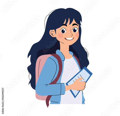 Cartoon girl with a pink backpack holding a book and smiling.