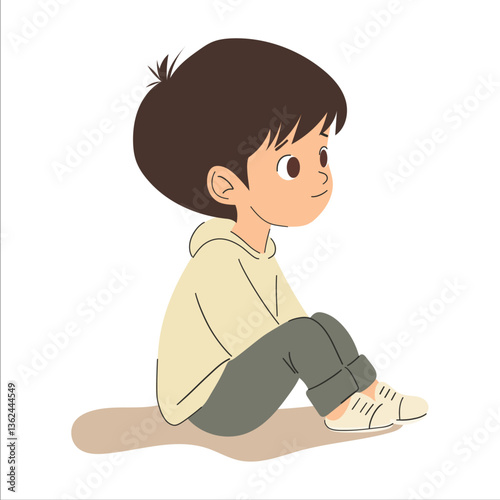 Cartoon boy sitting cross-legged in a casual outfit.