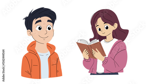 Cartoon boy and girl happily reading books together.