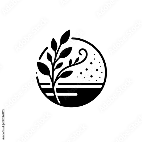 A stylized monochrome logo depicting a plant with leaves and a spiral tendril, enclosed within a circle, symbolizing growth, nature, and simplicity.