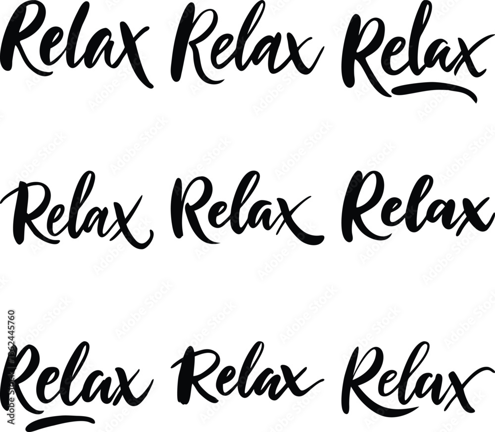 Multiple Relax Calligraphy Phrases, Black Lettering on a Transparent Background