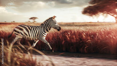 Running zebra with motion blur in vibrant landscape