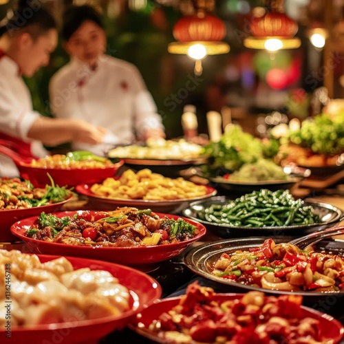 Chinese New Year Celebration with Delicious Traditional Feast at the Dining Table photo