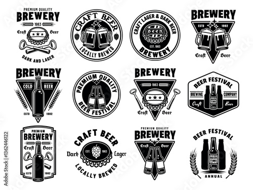 Beer and brewery set of vector emblems, labels, badges in monochrome vintage style isolated on white background