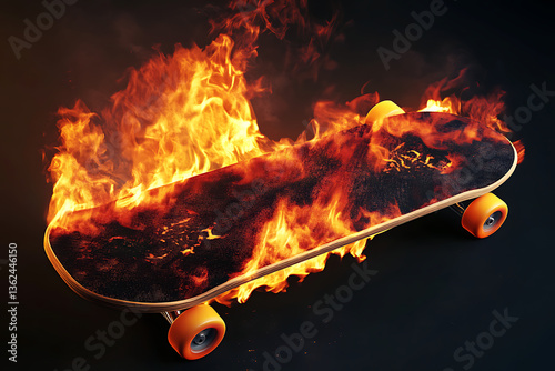 A flaming skateboard ignites with vibrant flames on a dark background, showcasing dynamic energy