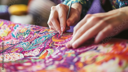 Photorealistic close-up of a textile designer working on patterns and fabrics in a modern design studio
