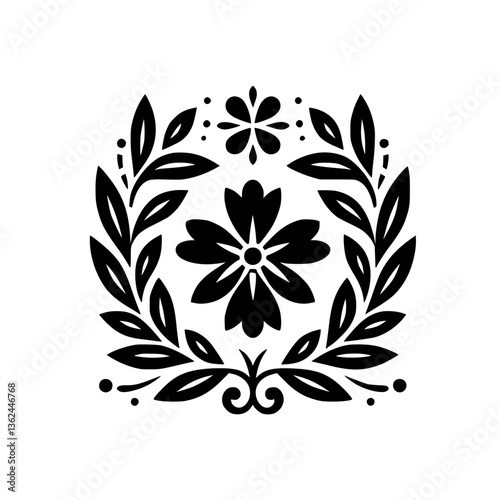 Intricate Black and White Floral Design Featuring a Central Flower Encircled by a Leafy Wreath on a White Background