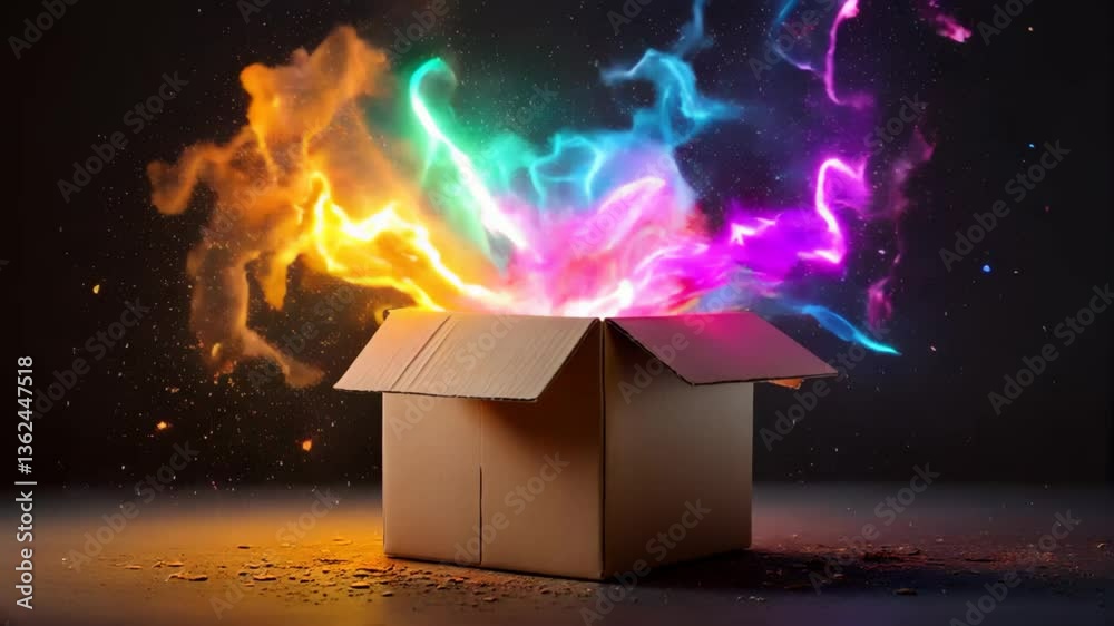 An open cardboard box bursts with vibrant, swirling colorful energy and particles against a dark background. Great for creativity, ideas, surprise concepts. The potential contained within the simple. 