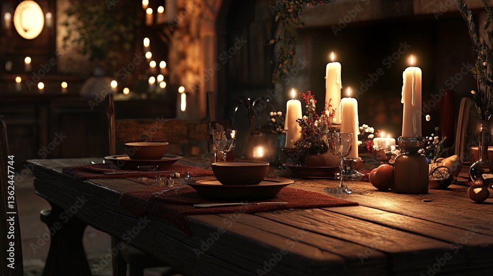 A rustic wooden dining table set for a meal, soft candlelight illuminating the scene with warm tones. pic A rustic wooden dining table set for a meal, soft candlelight illuminating the scene with warm tones. pic