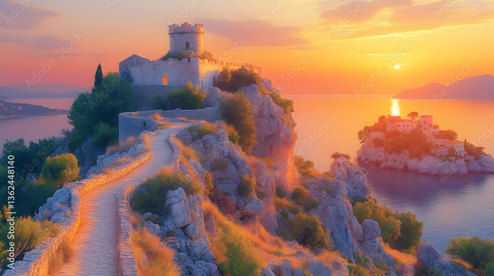 Fototapeta premium Coastal castle on a cliffside bathed in the warm glow of sunset overlooking an island with buildings over sea