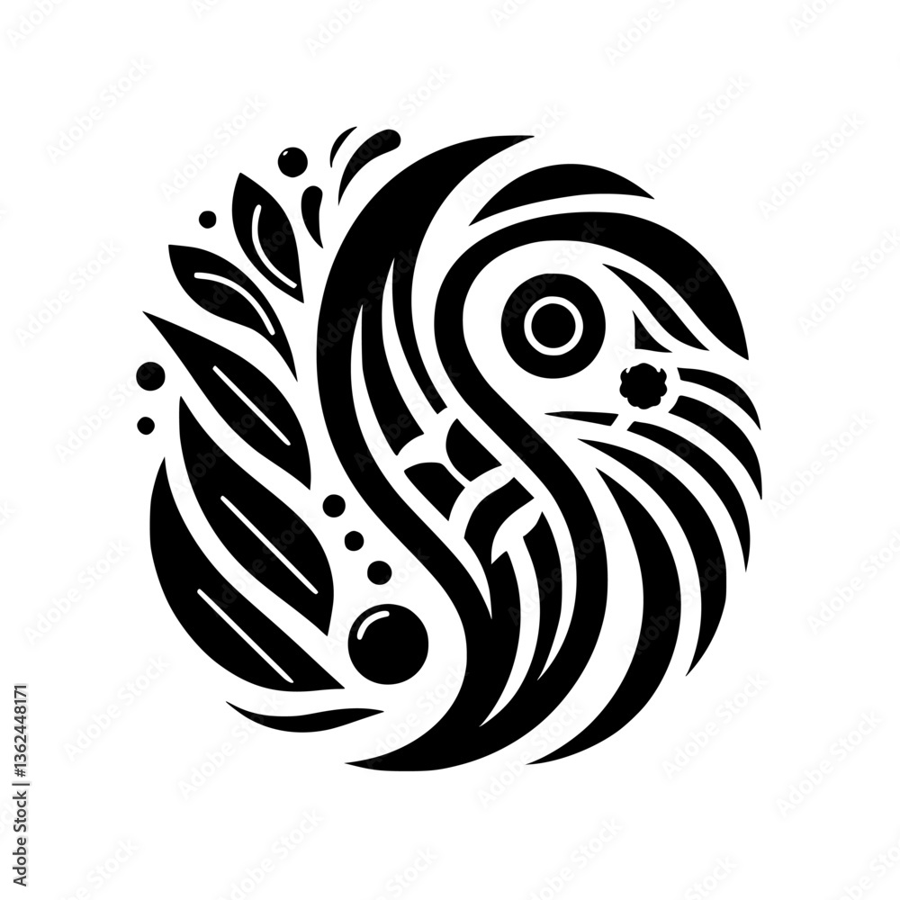Abstract Circular Black and White Design: Fusion of Organic Forms, Leaves, Swirls, and Geometric Elements, Suggesting Harmony. Abstract Circular Black and White Design: Fusion of Organic Forms, Leaves, Swirls, and Geometric Elements, Suggesting Harmony.