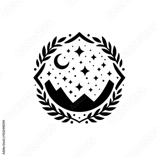 A minimalist black and white emblem featuring a mountainous landscape under a starry night sky, enclosed in a laurel wreath.