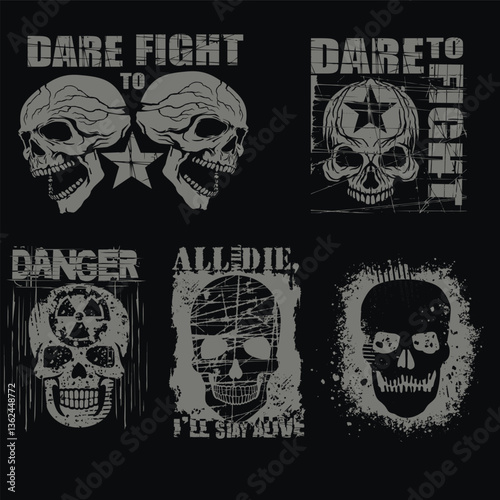 set, aggressive emblem with skull,grunge vintage design t shirts