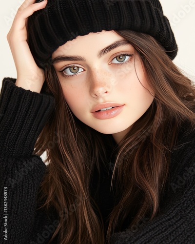 Stylish Young Woman with Long Hair Posing Indoors Fashion Photography Contemporary Studio Close-up Perspective Beauty Concept