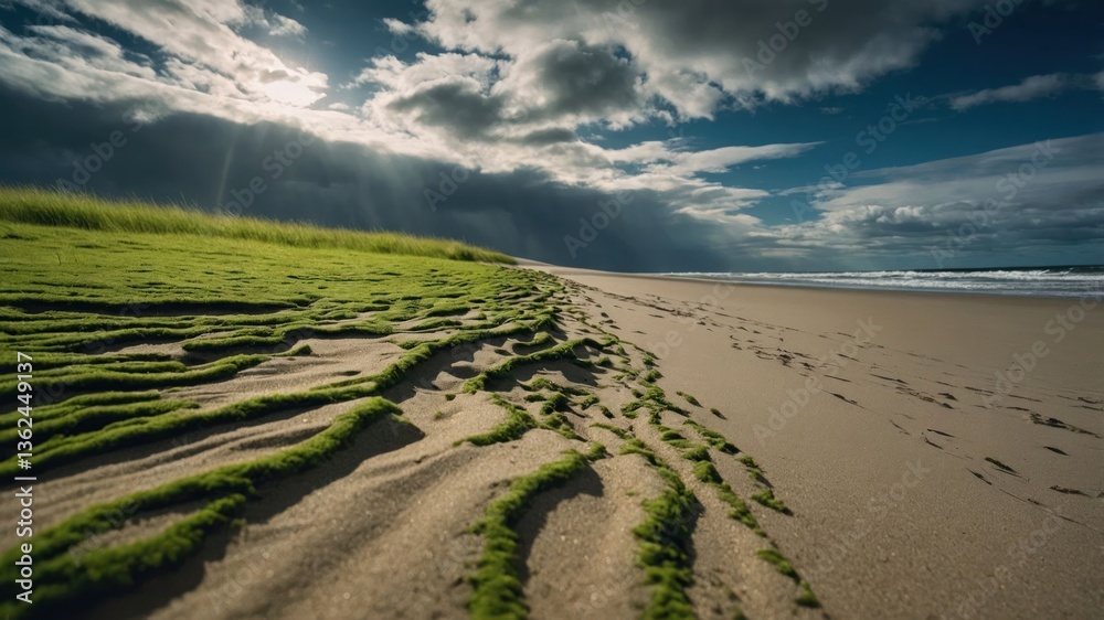 Fototapeta premium Serene beach scene with grass and sandy shoreline under dramatic clouds.