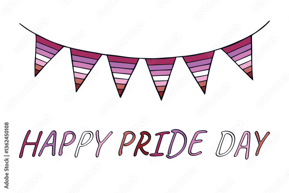 Obraz premium Colorful garland Lesbian pride flag Happy pride day LGBTQIA community Pride Month Vector hand drawn doodle for posters, stickers, logo, cards