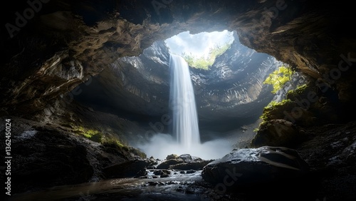 A stunning waterfall cascades into a cave, surrounded by dramatic rock formations and soft light filtering from above. Concept Waterfall Oasis, Cave Exploration, Dramatic Rock Formations