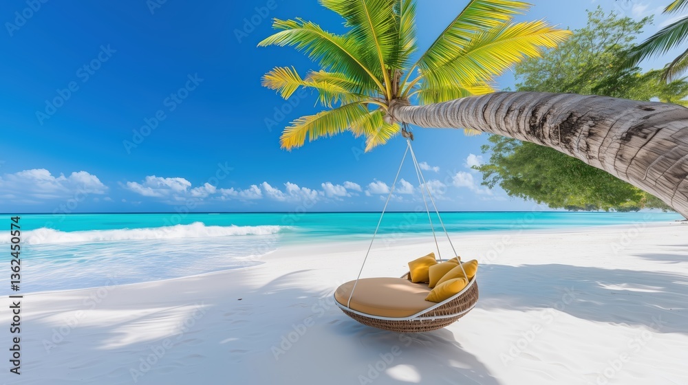 Obraz premium Luxury hanging swing chair on palm tree at tropical white sand beach, turquoise ocean water and clear blue sky, summer vacation and tropical island resort concept.