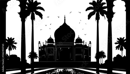 "Taj Mahal Vector Illustration – Iconic Monument Design in Detailed Line Art for Travel Posters, Souvenirs, and Cultural Graphics"