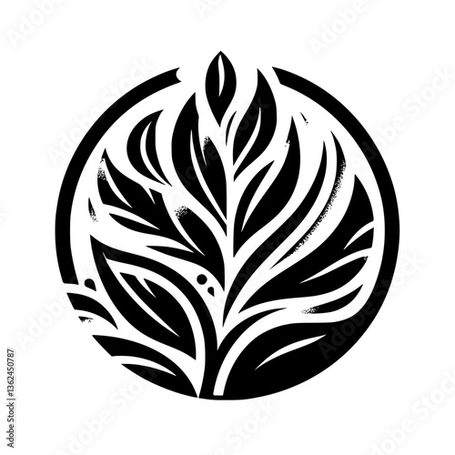 Stylized black and white botanical illustration of a central plant, enclosed in a circular frame, evoking organic growth, symmetry and minimalism.