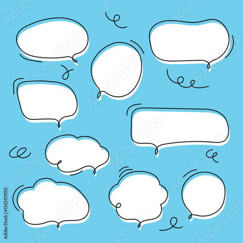 Set of vector white speech bubbles with outline in doodle style on light blue background