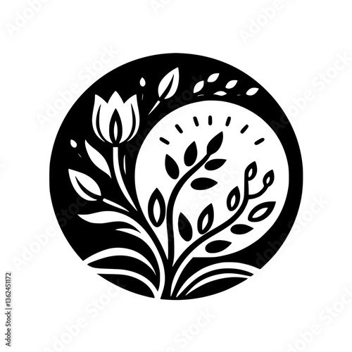 A symmetrical monochrome floral emblem with a blooming tulip, stylized leaves, and a sunburst element enclosed within a circular frame, evoking natural elegance.