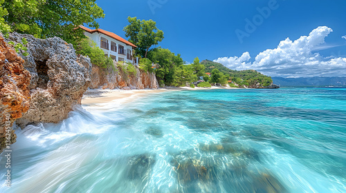 Coastal paradise with clear turquoise waters lapping against white sandy beach and house perched on cliffs with lush gre