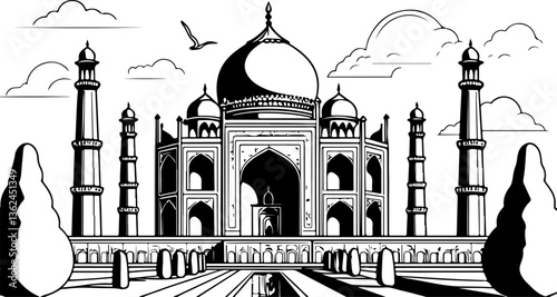 "Taj Mahal Vector Illustration – Iconic Monument Design in Detailed Line Art for Travel Posters, Souvenirs, and Cultural Graphics"