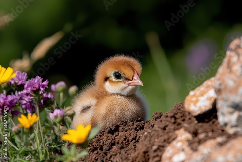 This adorable chick stands in a picturesque setting adorned with wild flowers, epitomizing the charm and innocence of nature's creations.