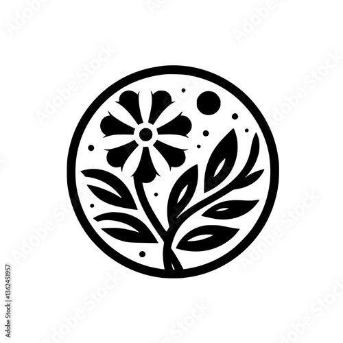 A symmetrical, monochrome botanical emblem featuring a stylized flower, leaves, and celestial dots enclosed within a circular border.